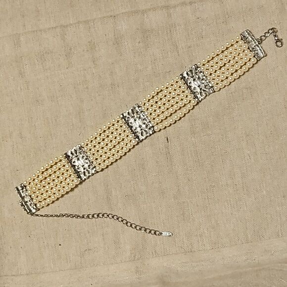 Vintage Eduardian Style Multistrand Faux Pearl Diamond Choker Necklace - Picture 10 of 11